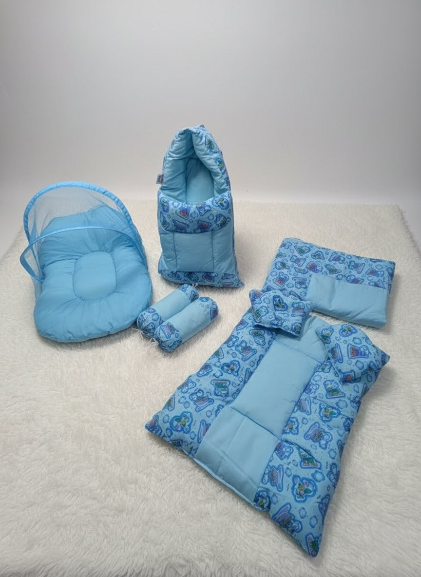 Cozy Car Print Blue Baby Bed (8 Pieces)