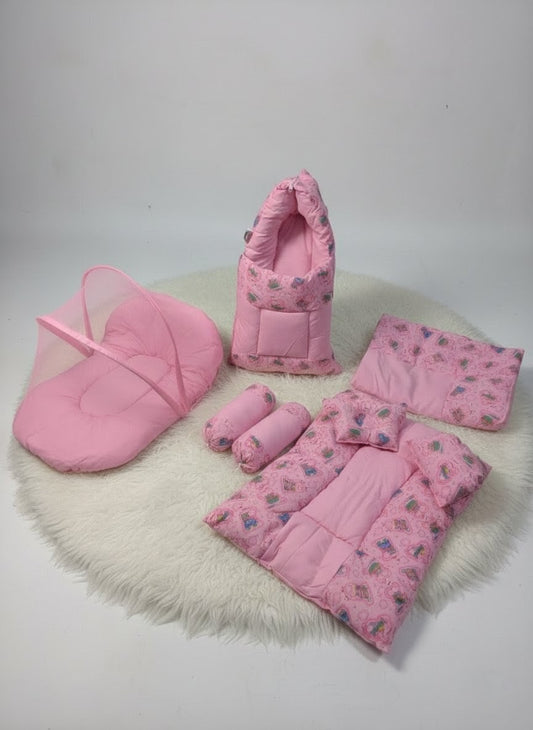 Cozy Car Print Pink Baby Bed (8 Pieces)